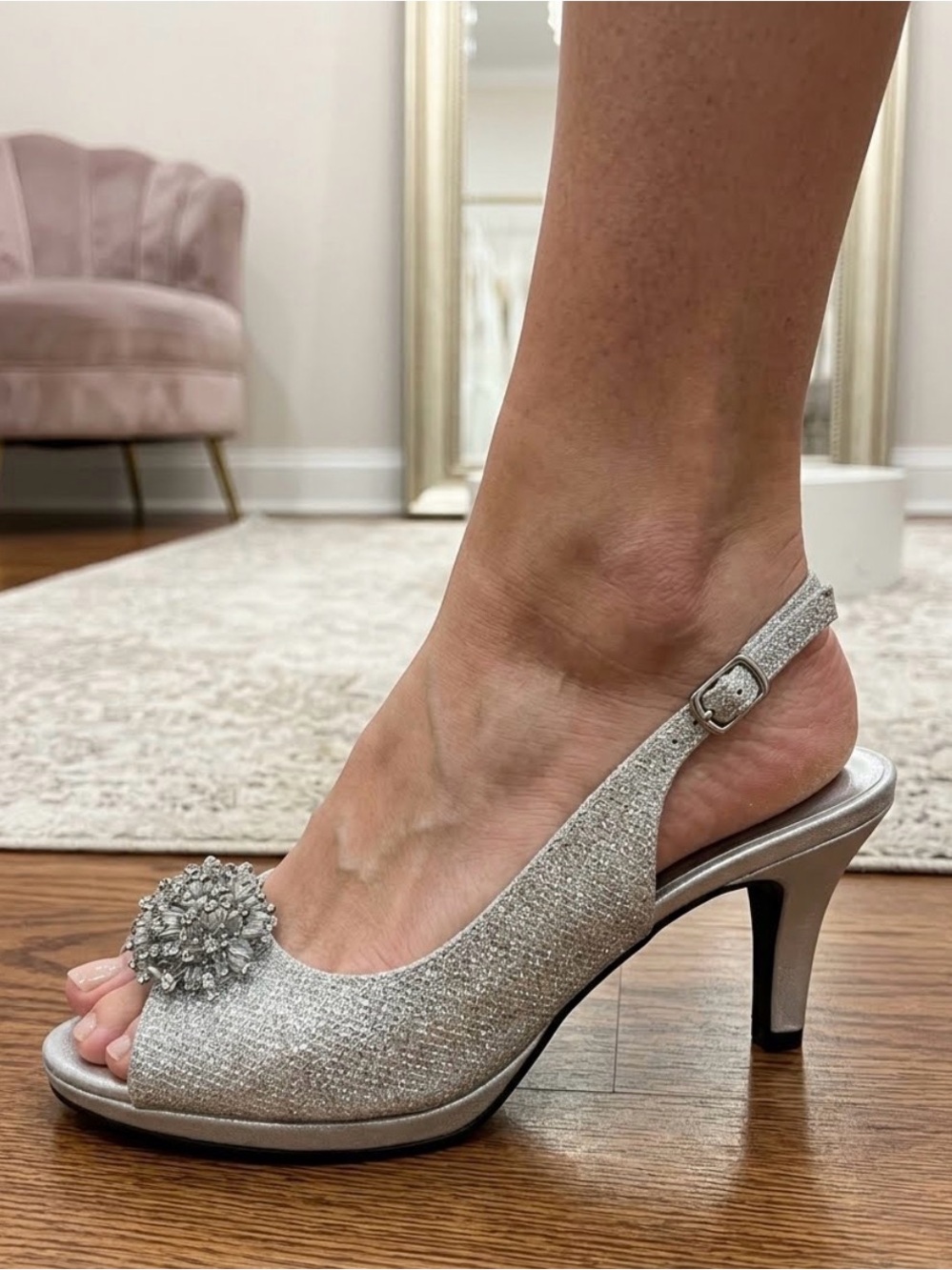 Karen Scott Breena Slingback Peep-Toe Pumps featuring a dazzling crystal brooch